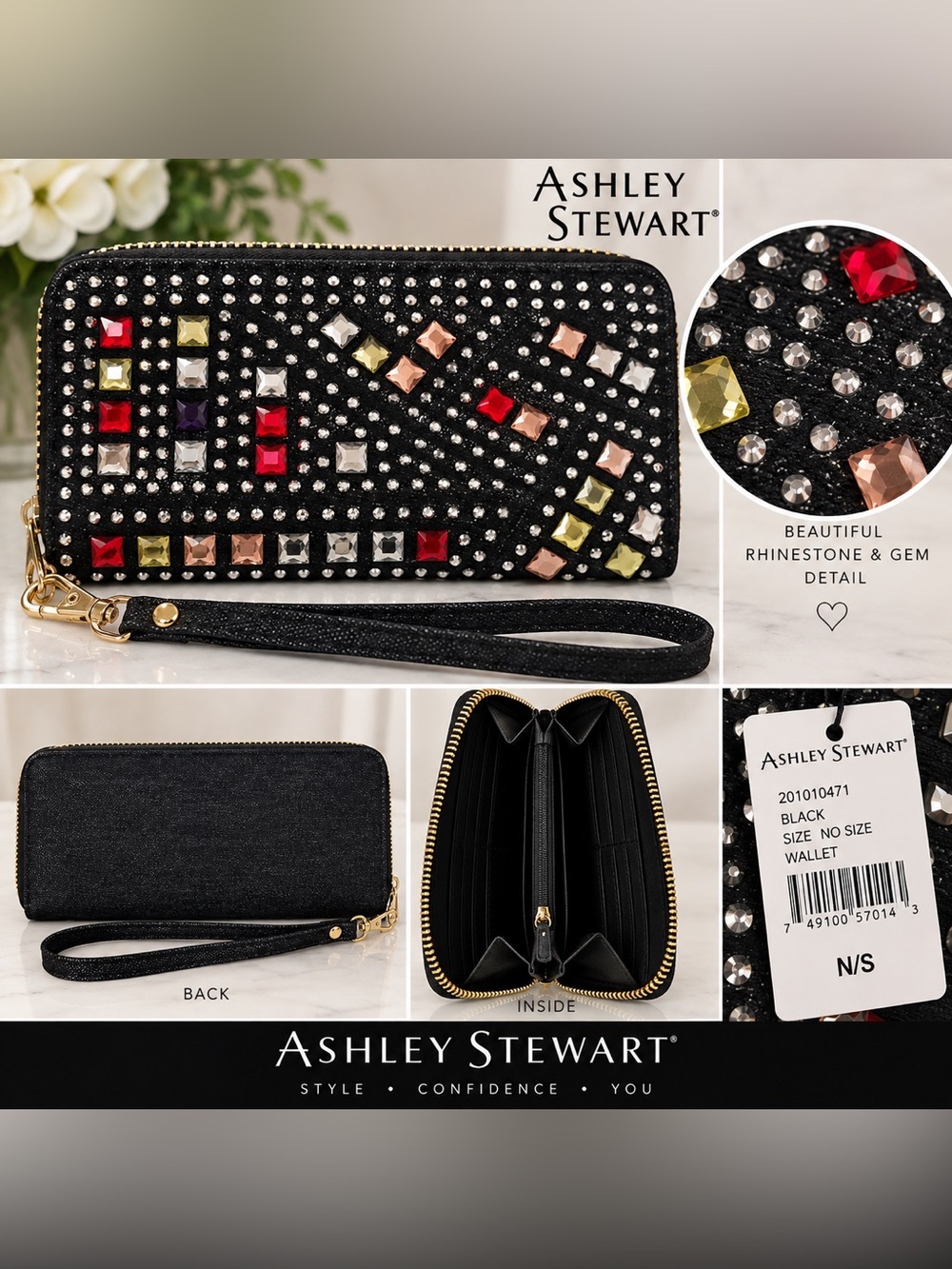 🖤 Ashley Stewart Washed Black Rhinestone & Gem Wristlet Wallet NWT